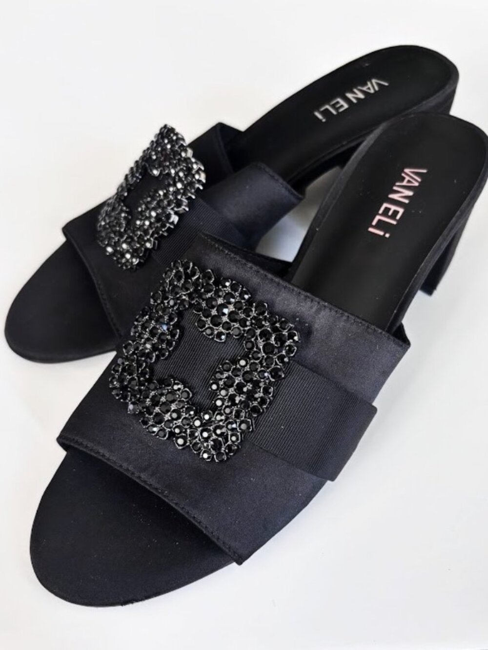VANELi Black Satin Open Toe Slides w/ Rhinestone Buckle Women's 7 Narrow